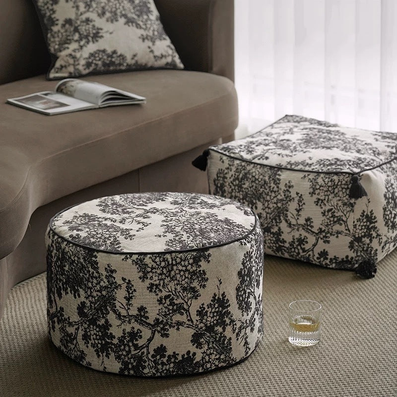LaLuna Home Chinoiserie Ink-Painting Bayberry Tree Jacquard Pouf Cover - Square