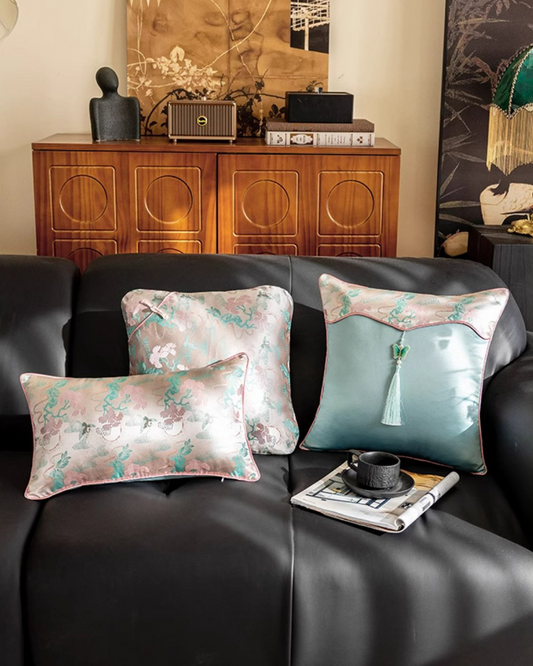 LaLuna Home Chinoiserie  Pine-Crane Pattern Throw Pillow with Butterfly Tassels