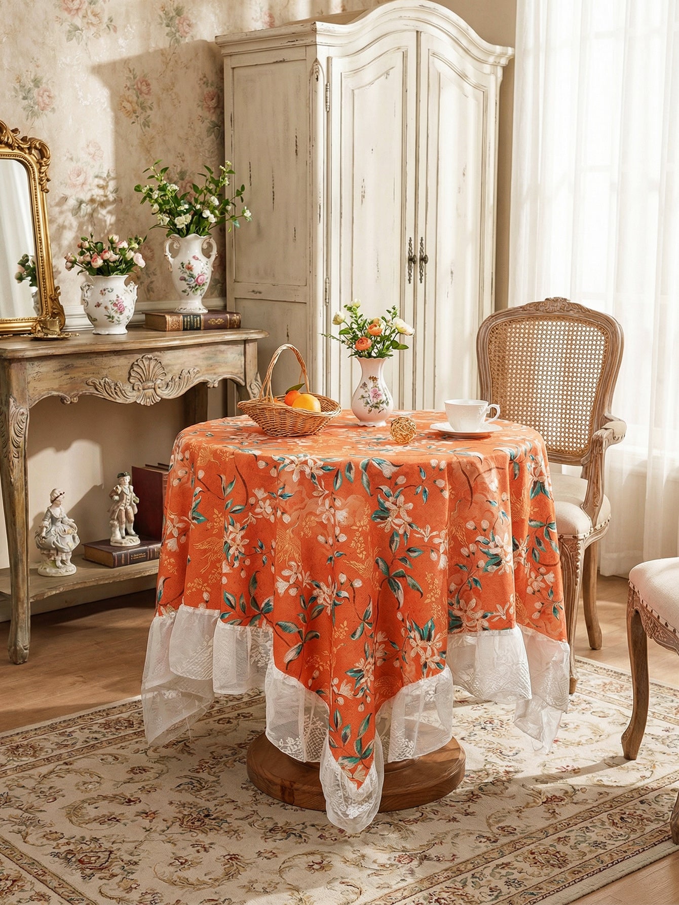 Chinoiserie Retro Orange Floral Tablecloth with Lace Ruffled Trim