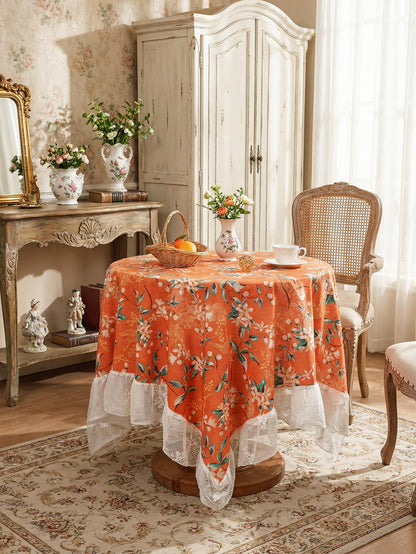 Chinoiserie Retro Orange Floral Tablecloth with Lace Ruffled Trim