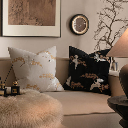 LaLuna Home Chinoiserie Pine&Crane Embroidered Velvet Throw Pillow - Ivory