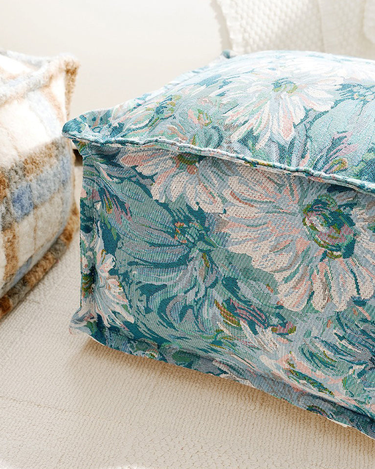 LaLuna Home Blue Monet Floral Pattern Chenille Pouf Cover