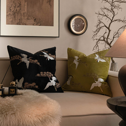 LaLuna Home Chinoiserie Pine&Crane Embroidered Velvet Throw Pillow - Black