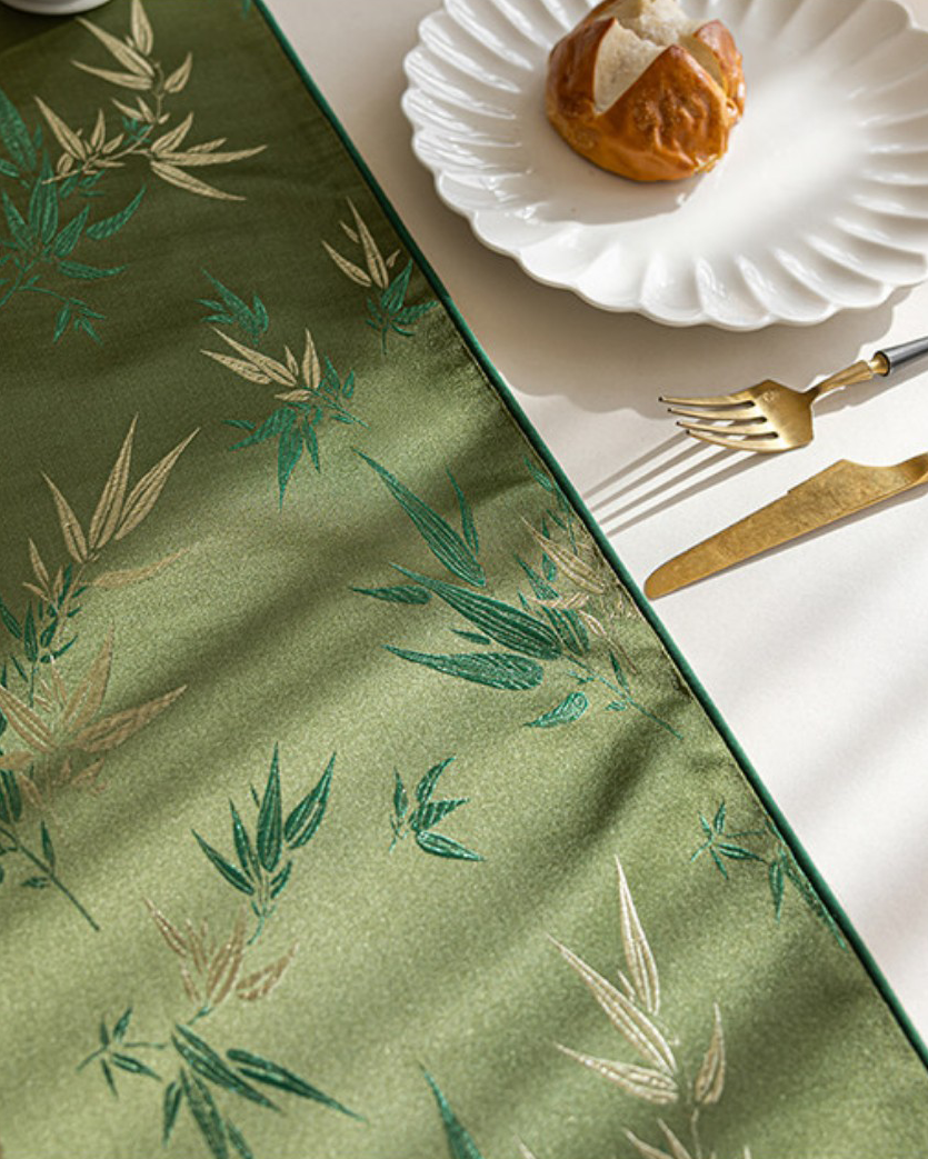 LaLuna Home Chinoiserie  Bamboo Embroidered Table Runner with Tassels