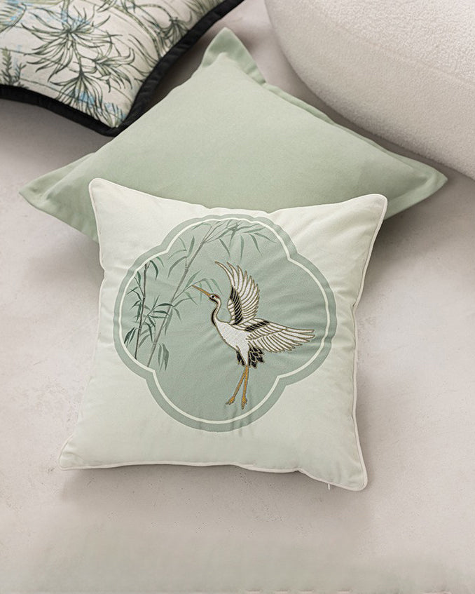 LaLuna Home Chinoiserie Cloud Crane Embroidered Velvet Throw Pillow