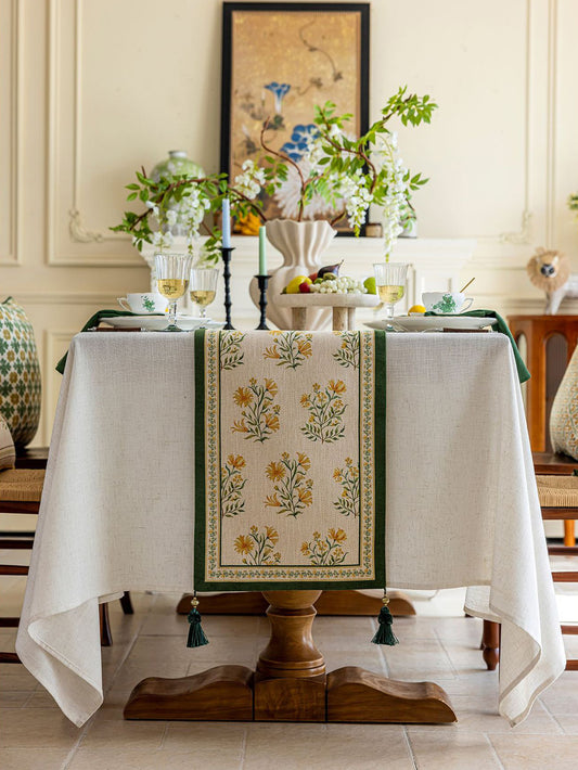 Chinoiserie Green Meadow Song Floral Pattern Table Runner with Tassels