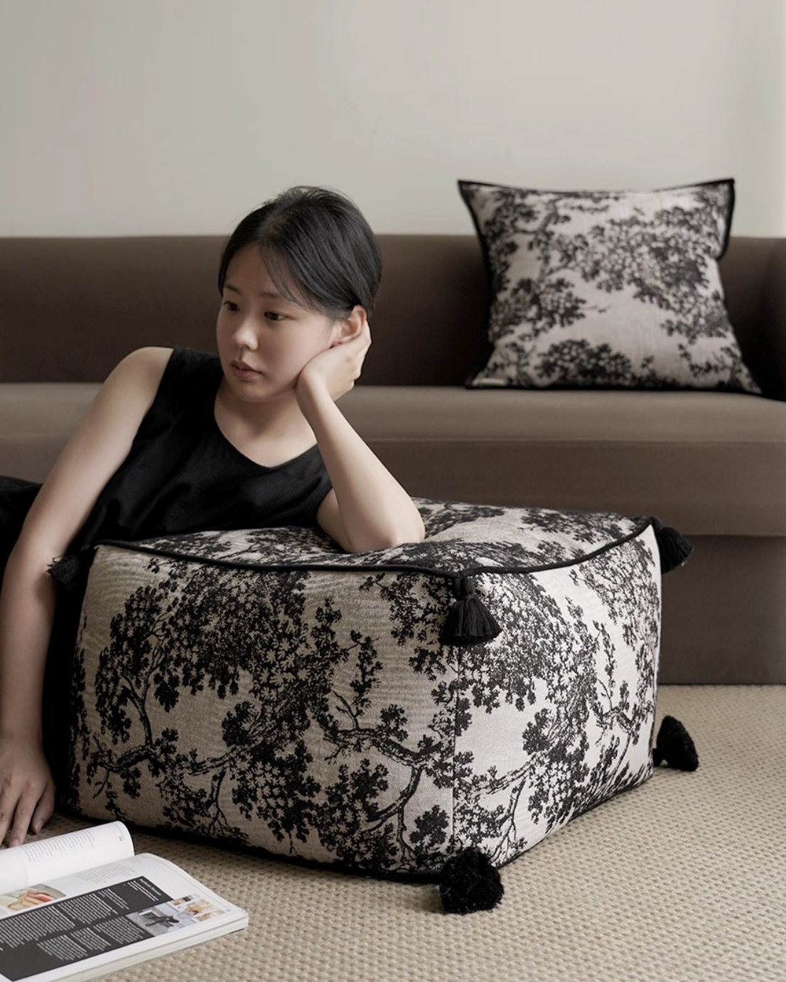 LaLuna Home Chinoiserie Ink-Painting Bayberry Tree Jacquard Pouf Cover - Square