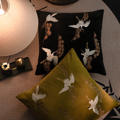 LaLuna Home Chinoiserie Pine&Crane Embroidered Velvet Throw Pillow - Black