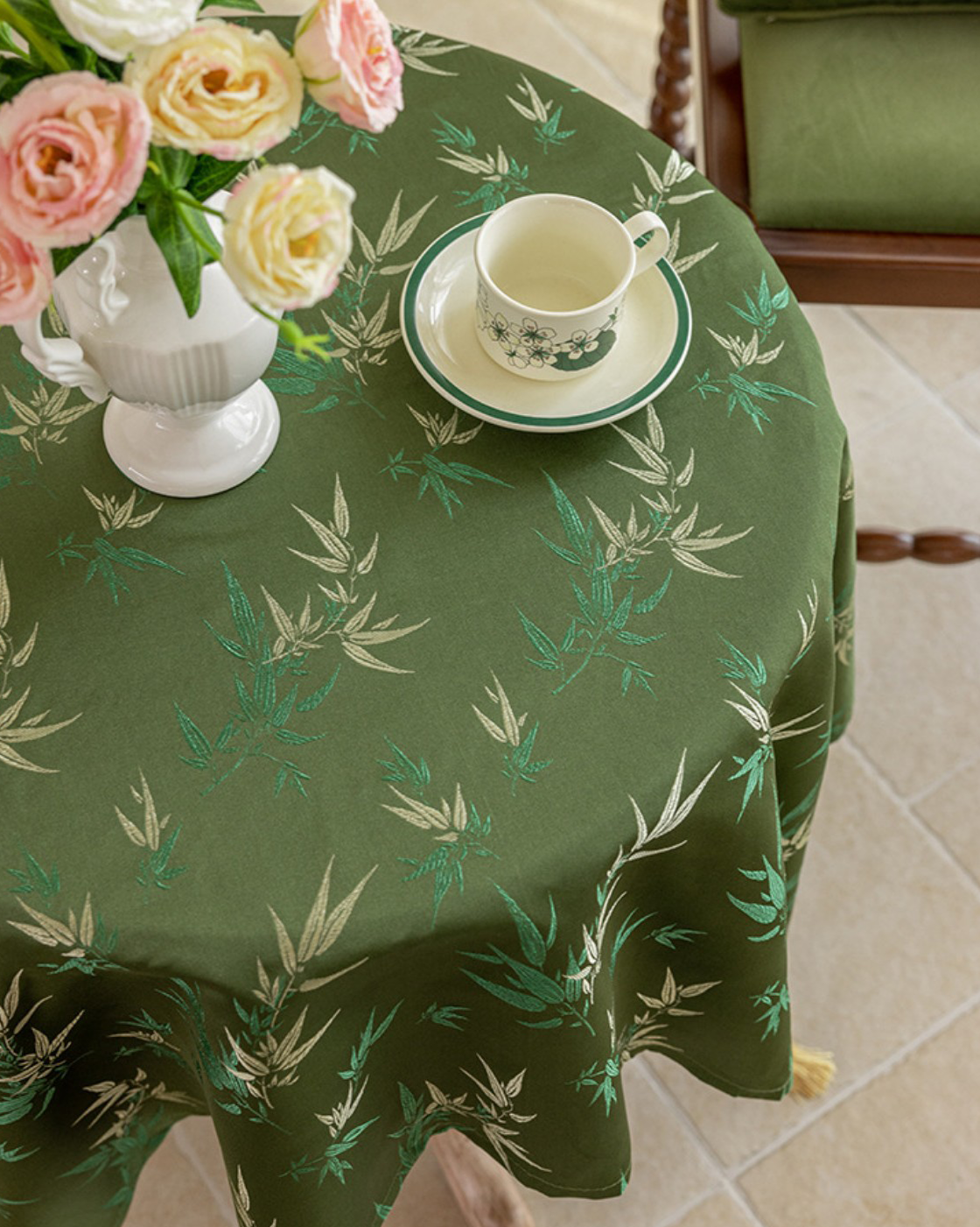 LaLuna Home Chinoiserie  Bamboo Embroidered Tablecloth with Tassels 60*60cm / 23*23in