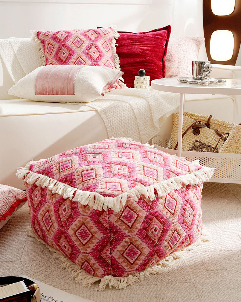 LaLuna Home Bohemian Pink Geometric Pattern Jacquard Pouf Cover