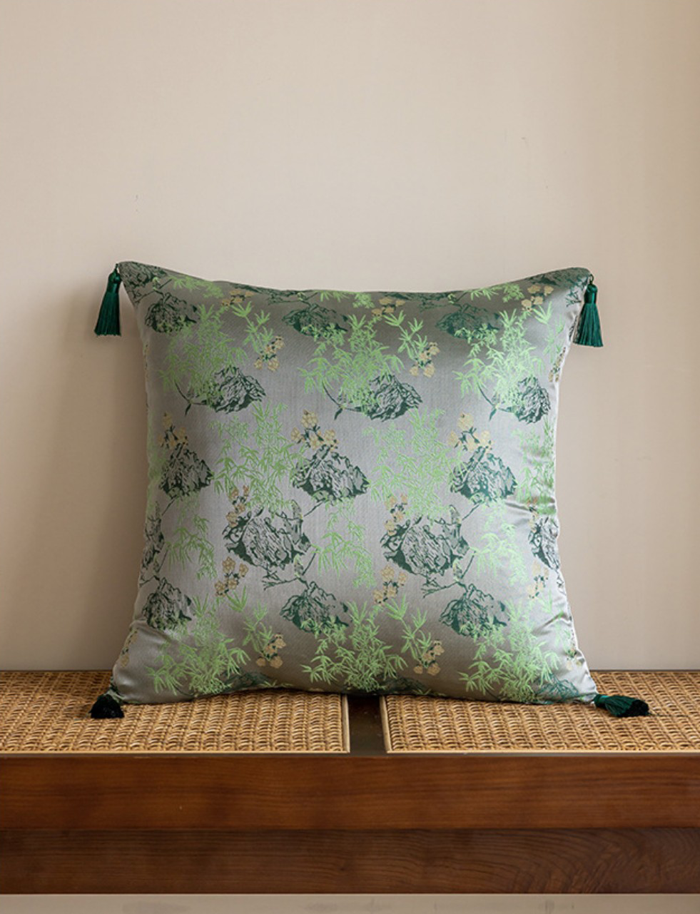 LaLuna Home Chinoiserie  Lush Green Bamboo Throw Pillow with Tassels