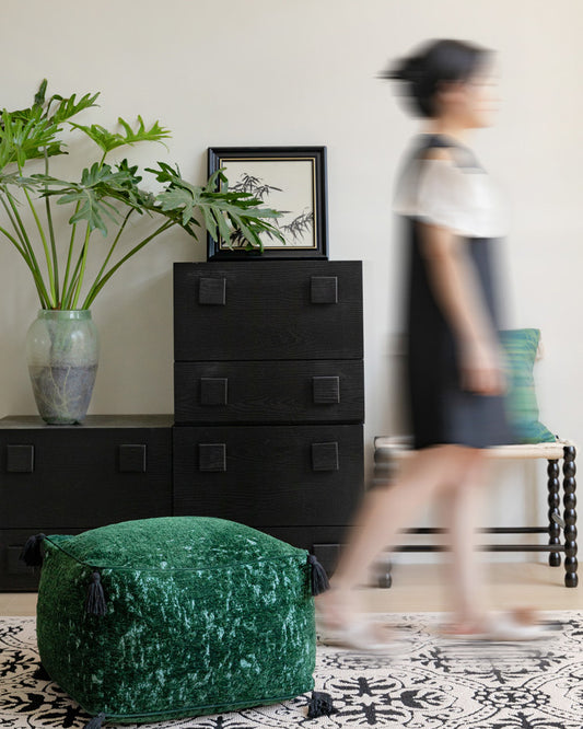 LaLuna Home Vintage Emerald Jacquard Chenille Pouf Cover