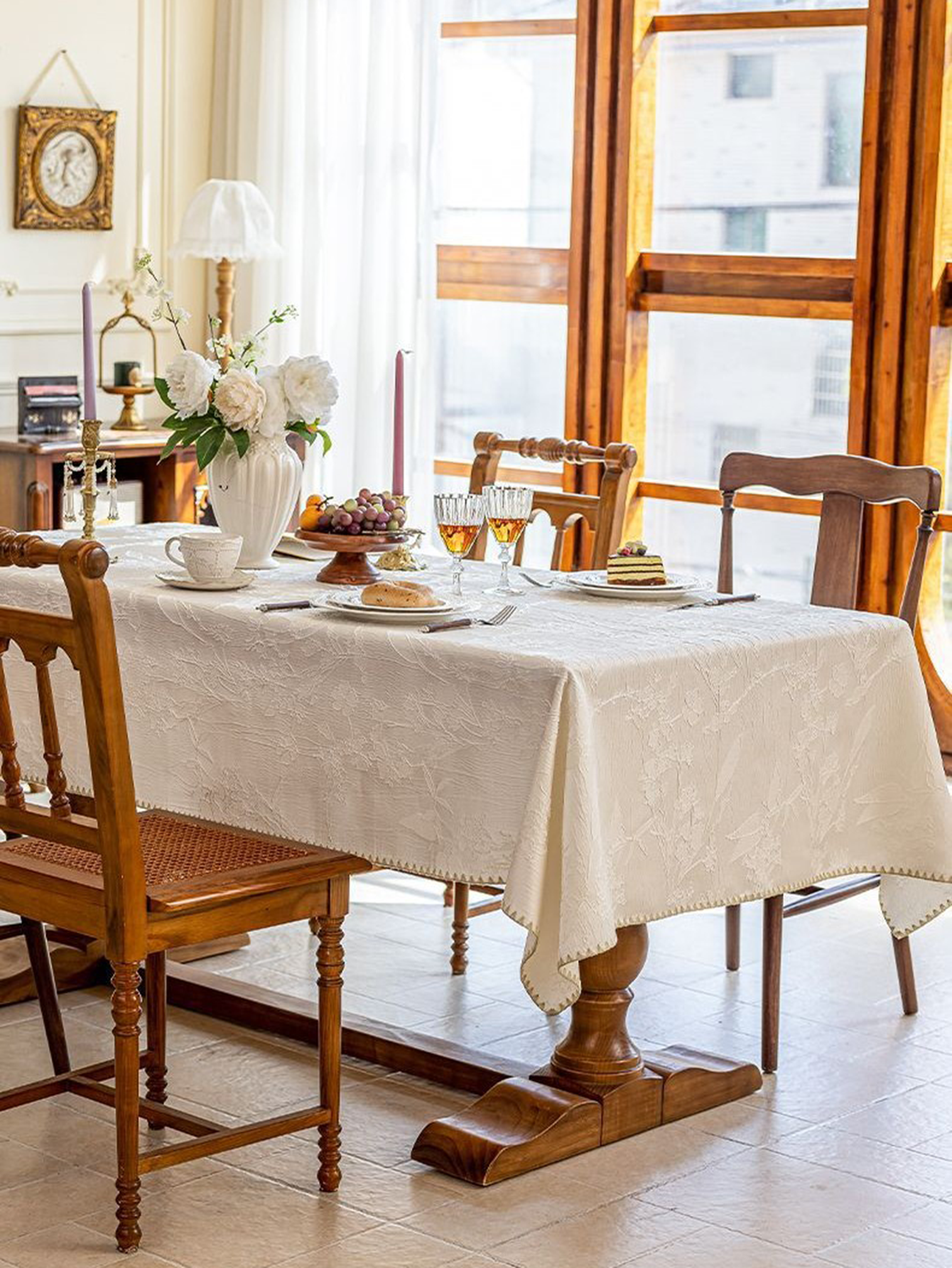 LaLuna Home Chinoiserie  Magnolia Bloom Jacquard Tablecloth with Shell Trim