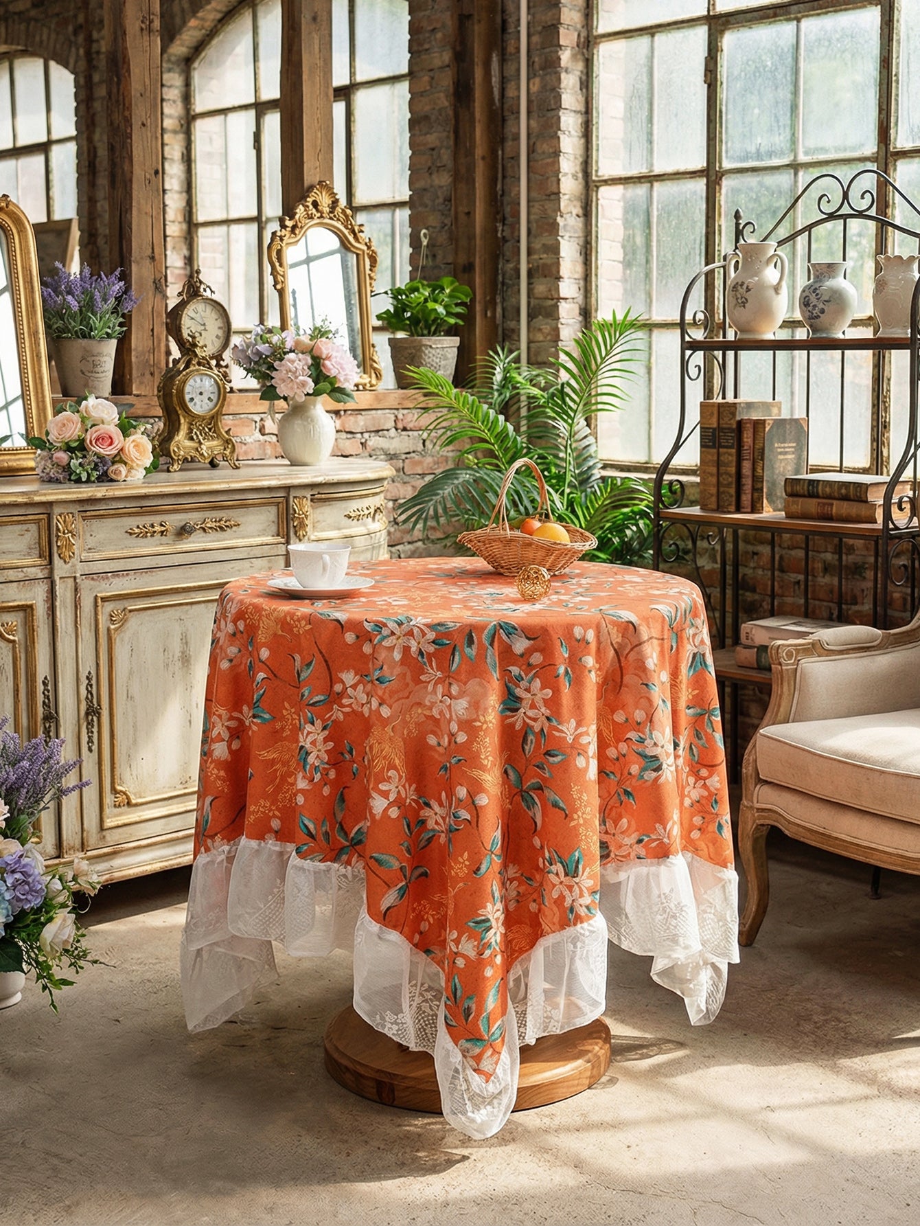 Chinoiserie Retro Orange Floral Tablecloth with Lace Ruffled Trim