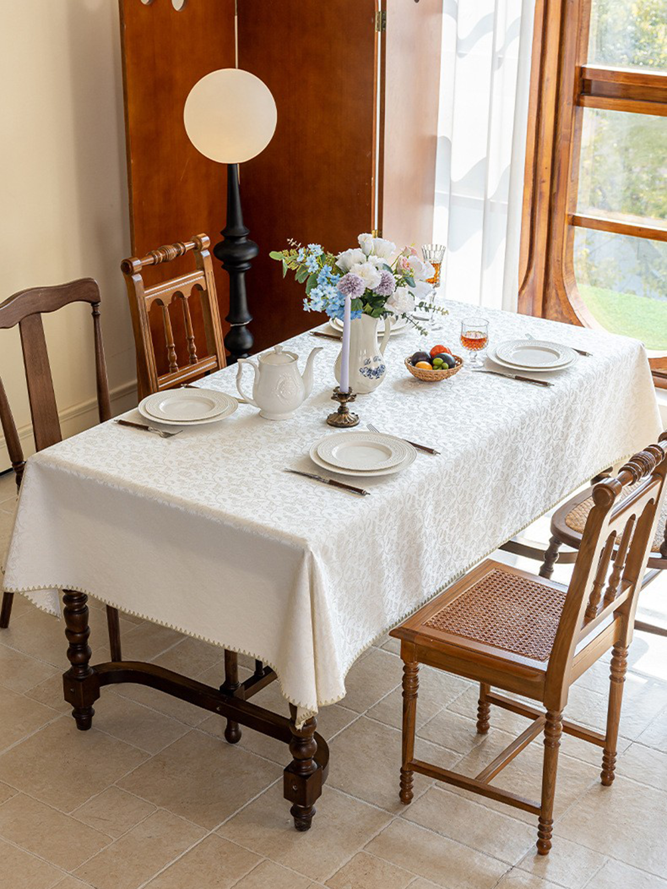 LaLuna Home Seine Gleam Jacquard Tablecloth with Shell Trim
