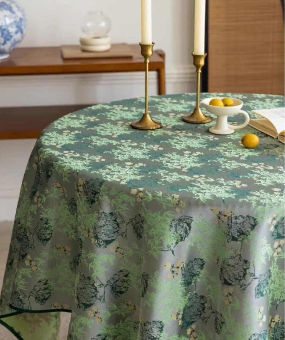 LaLuna Home Chinoiserie Lush Green Bamboo Tablecloth with Tassels