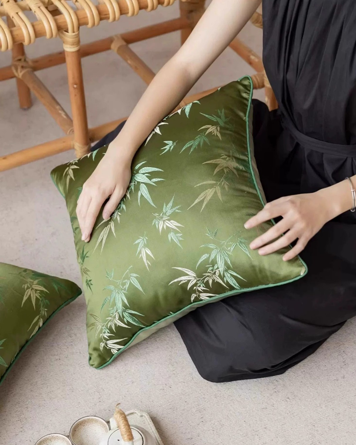 LaLuna Home Chinoiserie  Bamboo Embroidered Throw Pillow for Sofa & Bed Decor