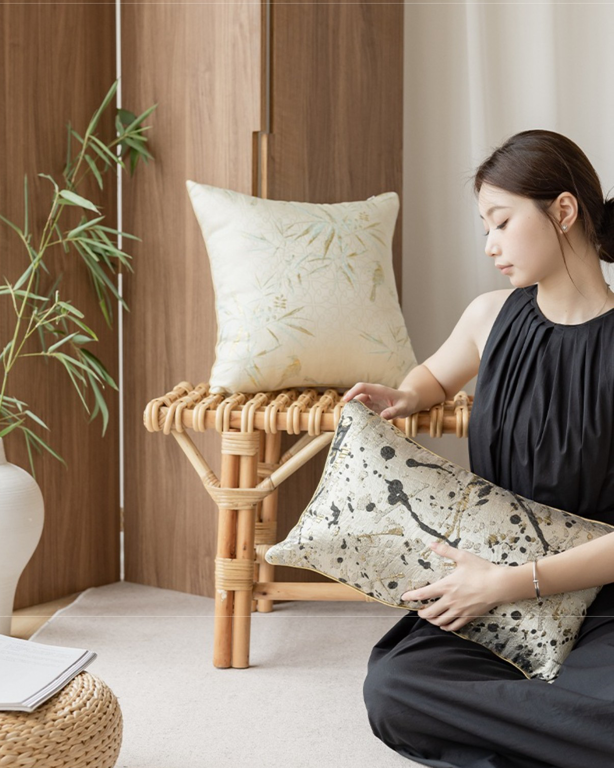 LaLuna Home Chinoiserie  Bamboo  Jacquard Throw Pillow for Sofa & Bed Decor