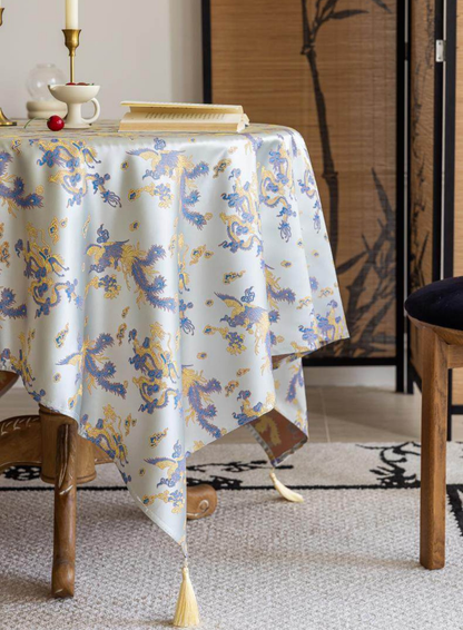 LaLuna Home Chinoiserie Loong Feng Pattern Jacquard Tablecloth with Tassels