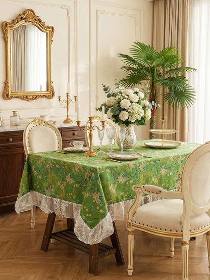 Chinoiserie Verdant Floral Tablecloth with Lace Ruffled Trim