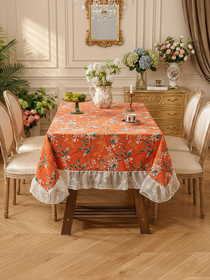 Chinoiserie Retro Orange Floral Tablecloth with Lace Ruffled Trim