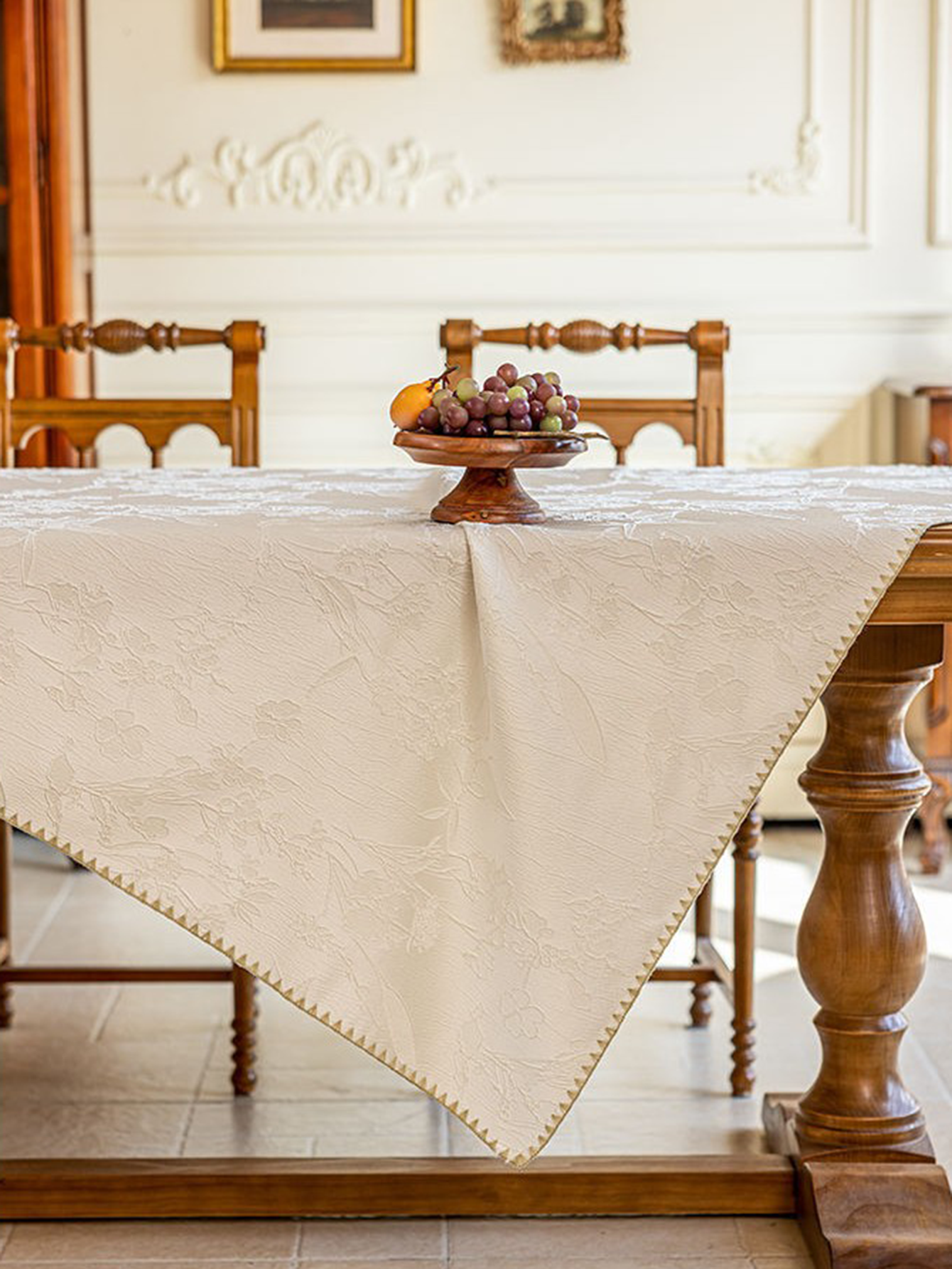 LaLuna Home Chinoiserie  Magnolia Bloom Jacquard Tablecloth with Shell Trim