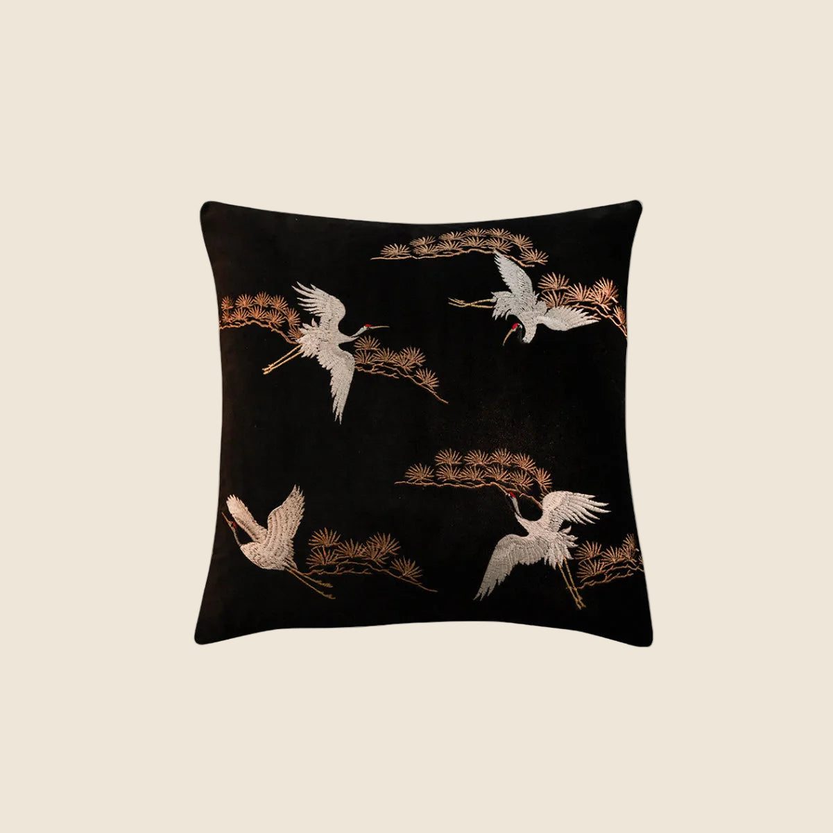 LaLuna Home Chinoiserie Pine&Crane Embroidered Velvet Throw Pillow - Black