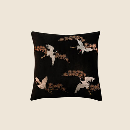 LaLuna Home Chinoiserie Pine&Crane Embroidered Velvet Throw Pillow - Black