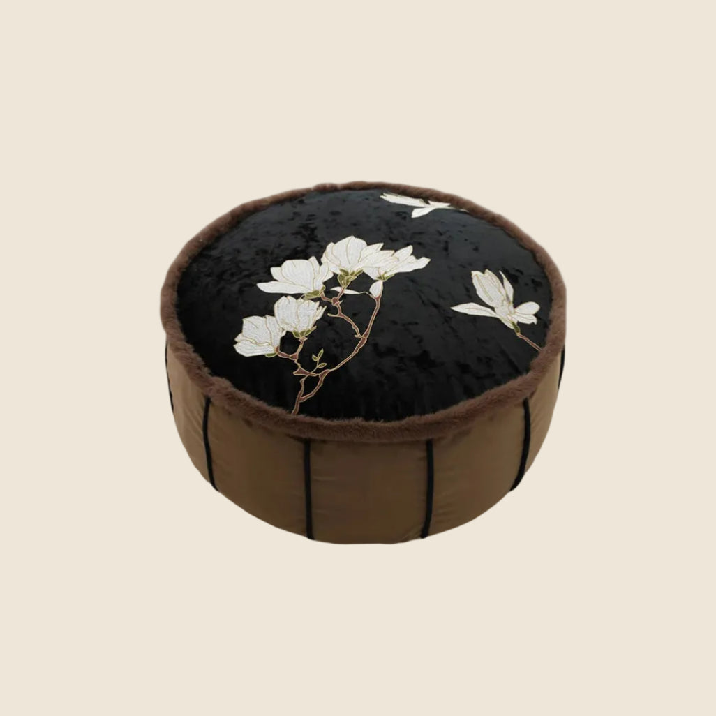 LaLuna Home Chinoiserie Magnolia Embroidered Velvet Pouf Cover
