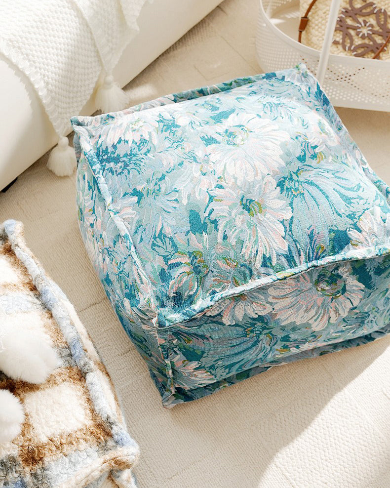LaLuna Home Blue Monet Floral Pattern Chenille Pouf Cover