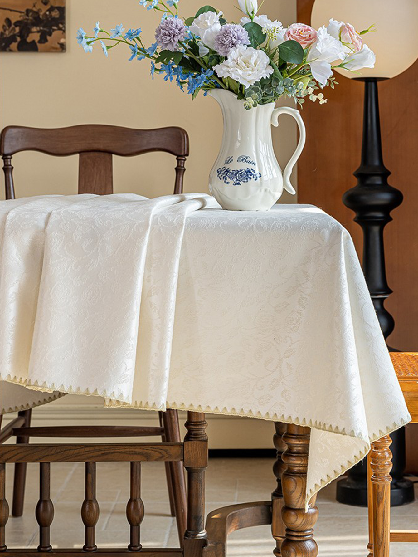 LaLuna Home Seine Gleam Jacquard Tablecloth with Shell Trim