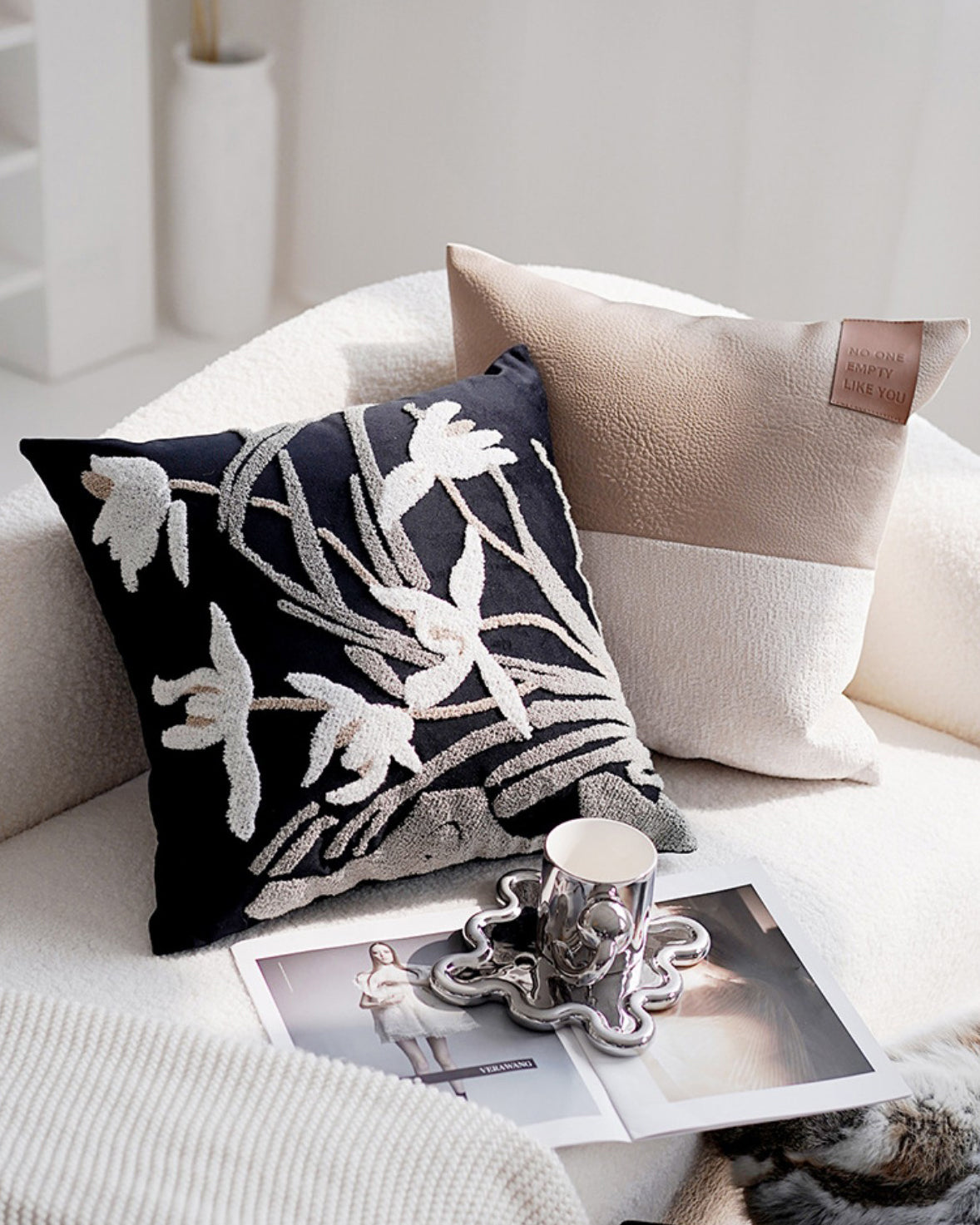 LaLuna Home Chinoiserie Orchid Embroidered Velvet Throw Pillow