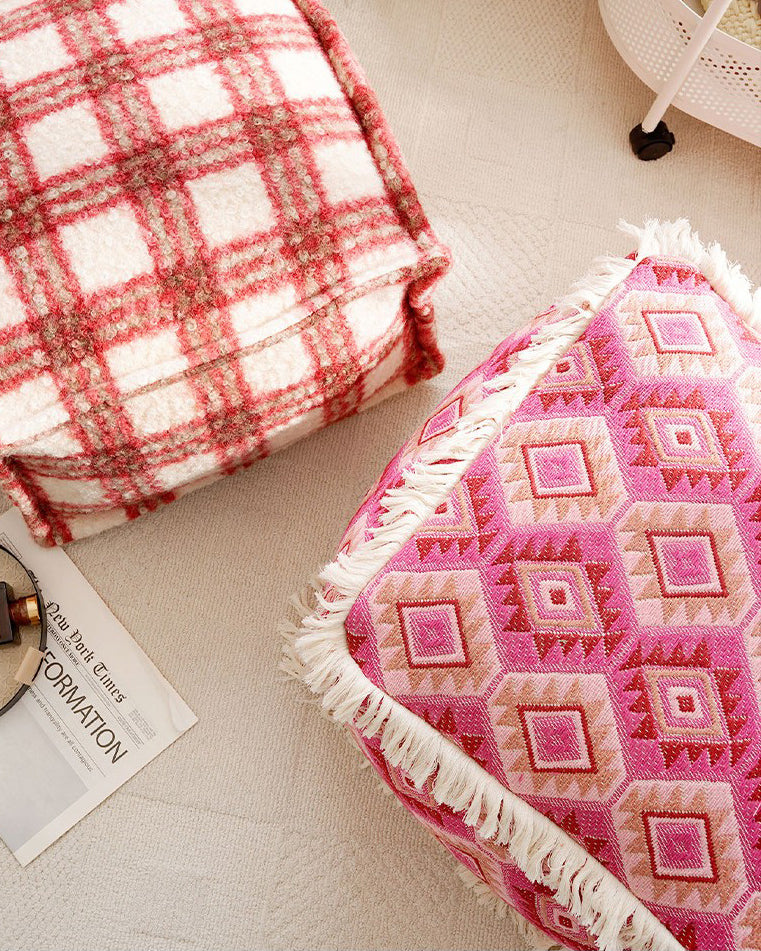 LaLuna Home Bohemian Pink Geometric Pattern Jacquard Pouf Cover