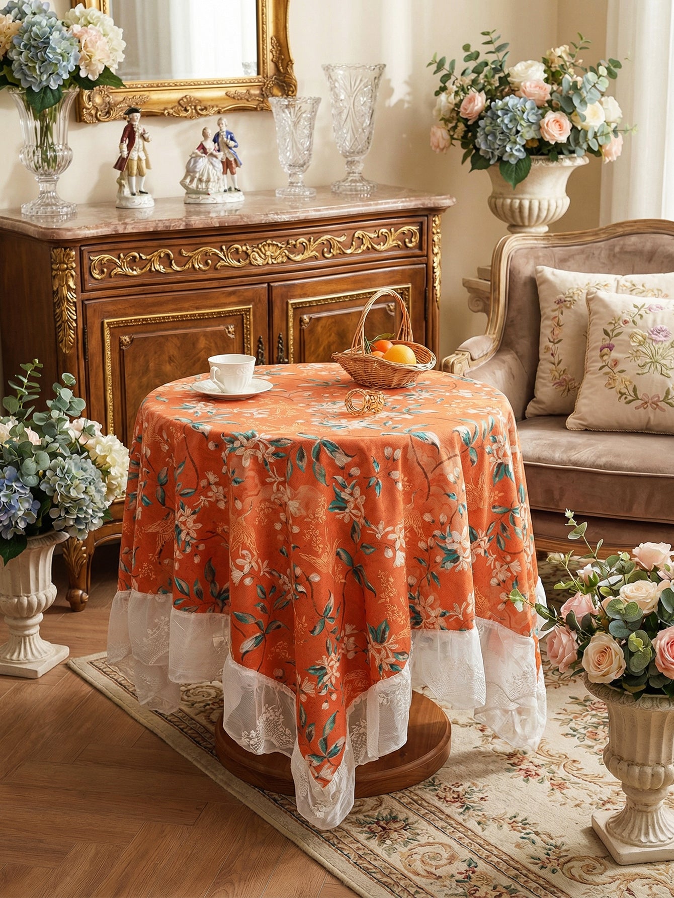 Chinoiserie Retro Orange Floral Tablecloth with Lace Ruffled Trim