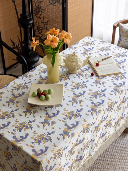 LaLuna Home Chinoiserie Loong Feng Pattern Jacquard Tablecloth with Tassels