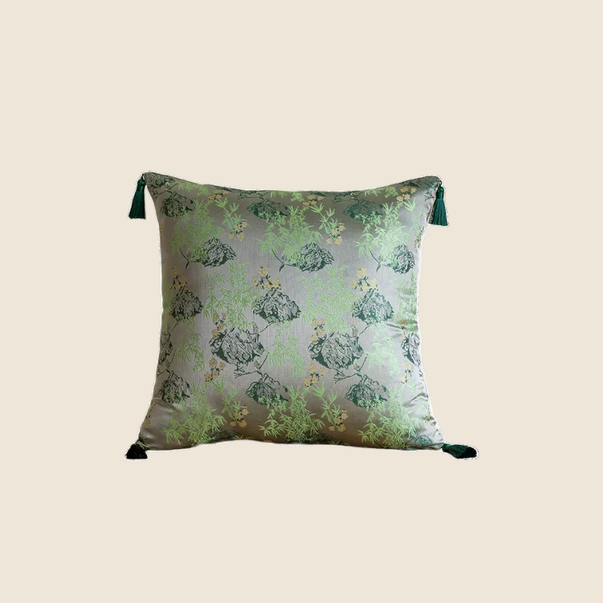 LaLuna Home Chinoiserie  Lush Green Bamboo Throw Pillow with Tassels