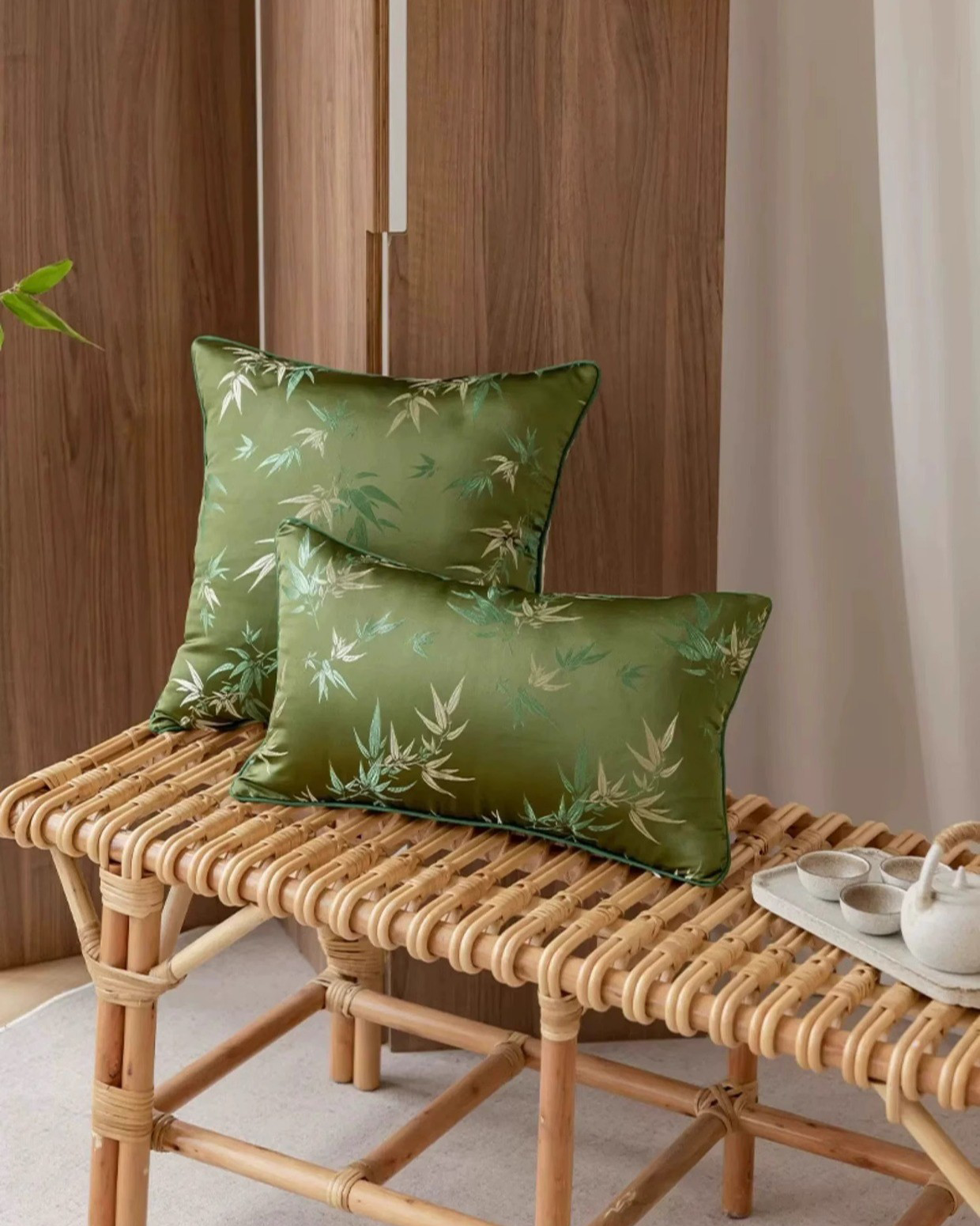 LaLuna Home Chinoiserie  Bamboo Embroidered Throw Pillow for Sofa & Bed Decor