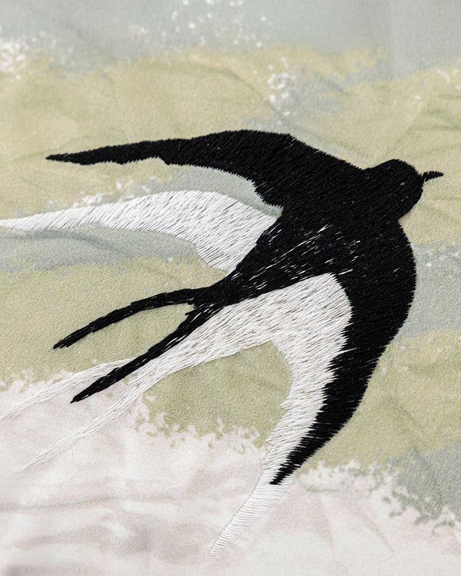 LaLuna Home Chinoiserie Swallows in Mist Embroidered Velvet Throw Pillow