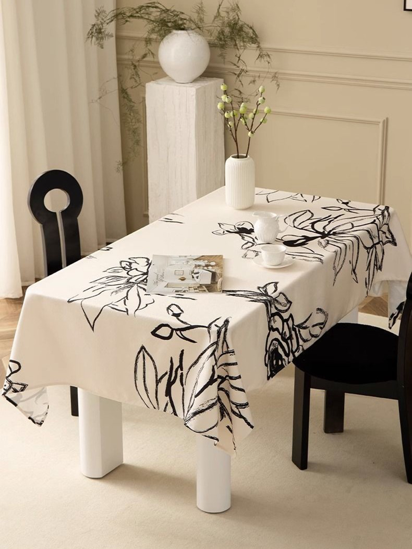 LaLuna Home Monochrome Chinoiserie Ink Floral Tablecloth