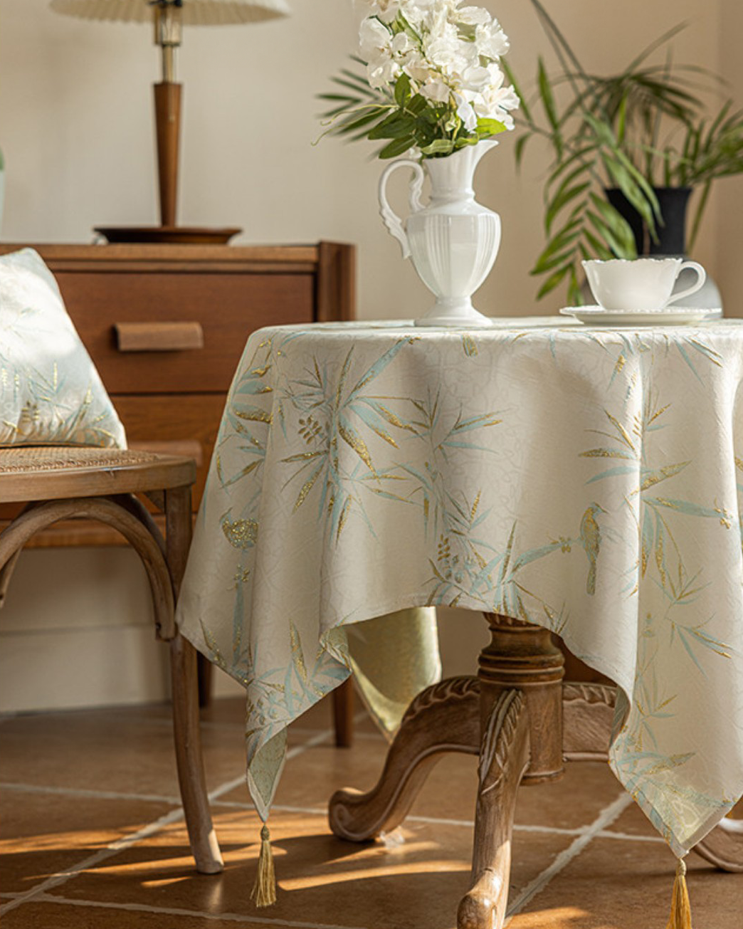 LaLuna Home Chinoiserie Bamboo Jacquard  Tablecloth with Tassels