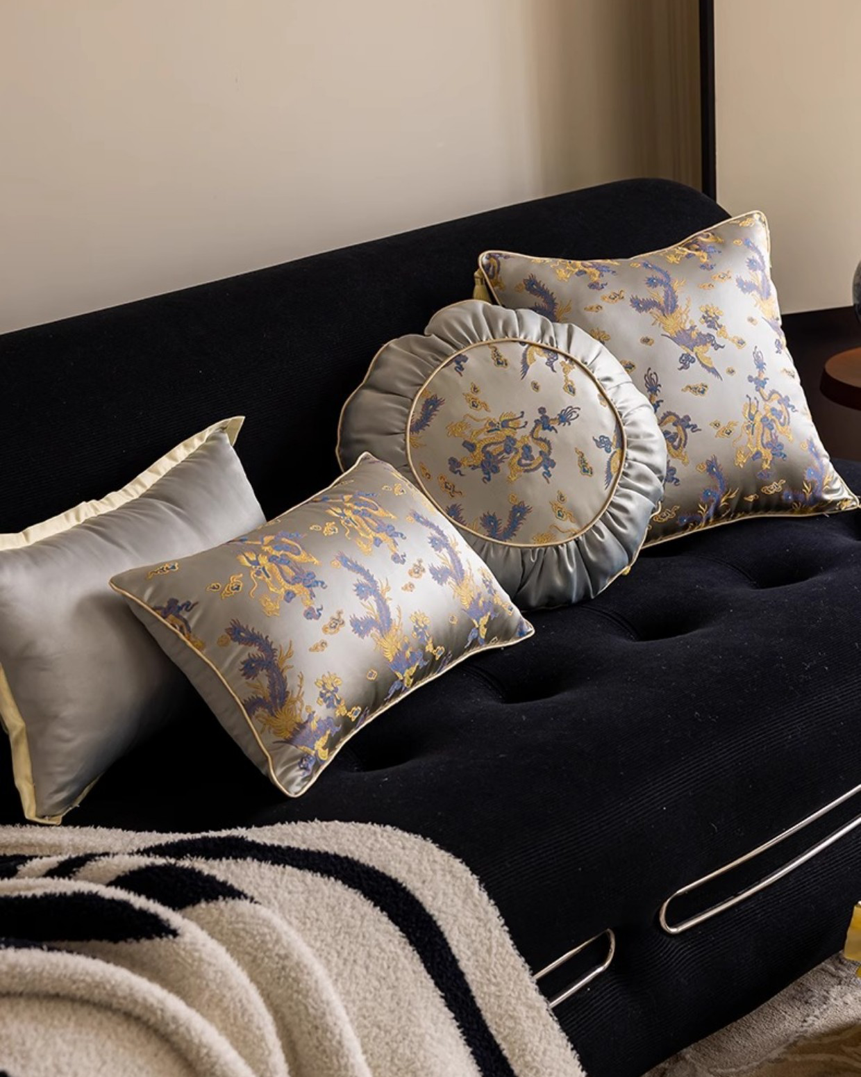 LaLuna Home Chinoiserie  Loong Feng Jacquard Throw Pillow with Tassels