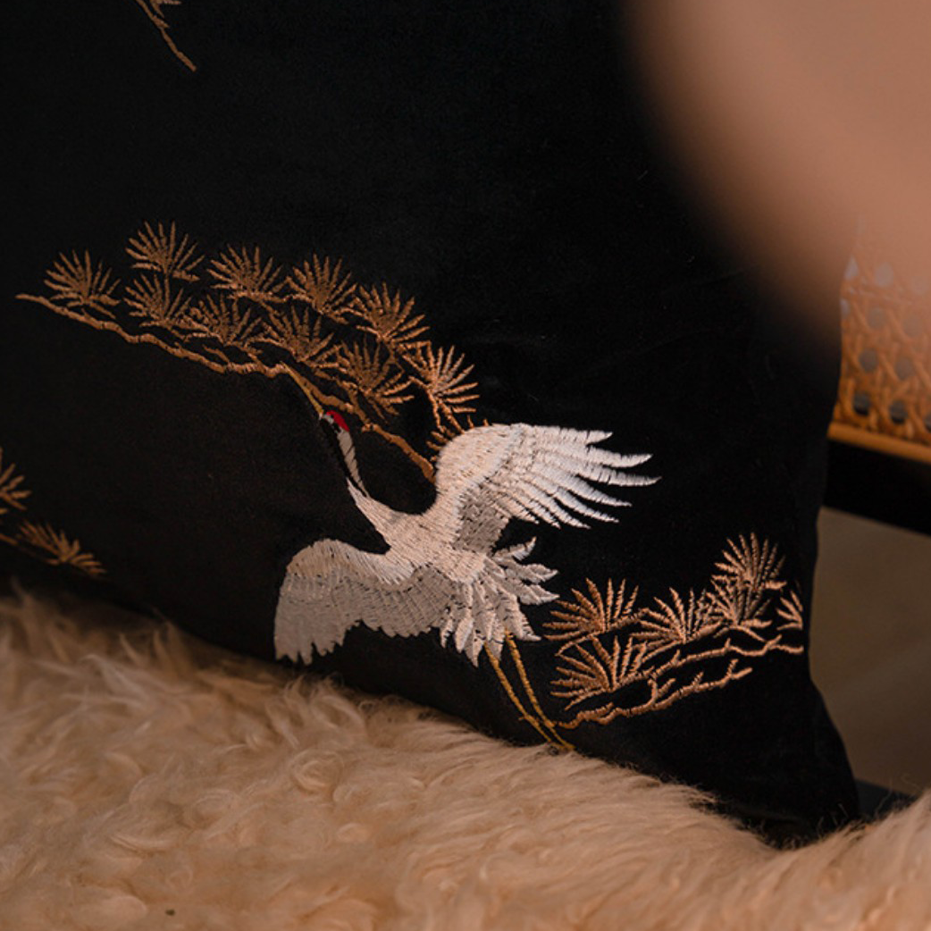LaLuna Home Chinoiserie Pine&Crane Embroidered Velvet Throw Pillow - Black