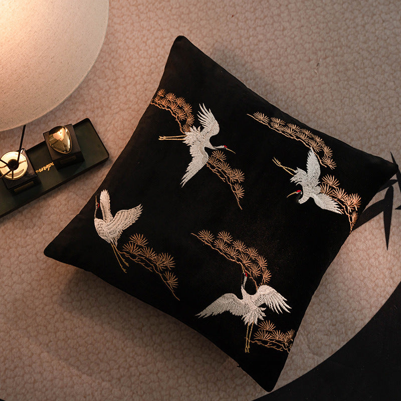 LaLuna Home Chinoiserie Pine&Crane Embroidered Velvet Throw Pillow - Black