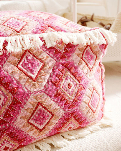 LaLuna Home Bohemian Pink Geometric Pattern Jacquard Pouf Cover