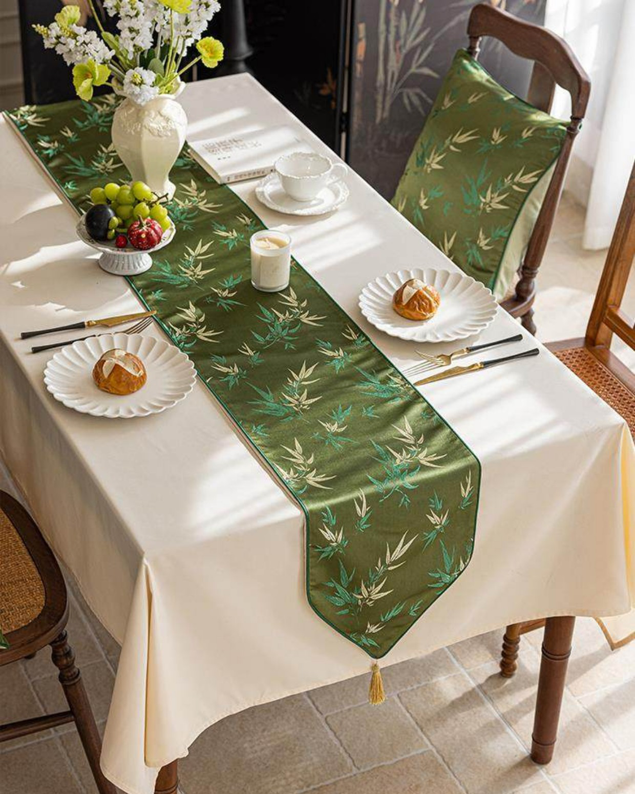 LaLuna Home Chinoiserie  Bamboo Embroidered Table Runner with Tassels