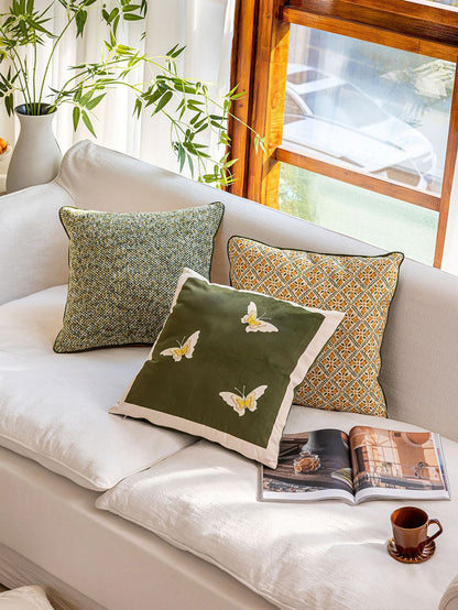 Chinoiserie Green Butterfly Whisper embroidery Throw Pillow