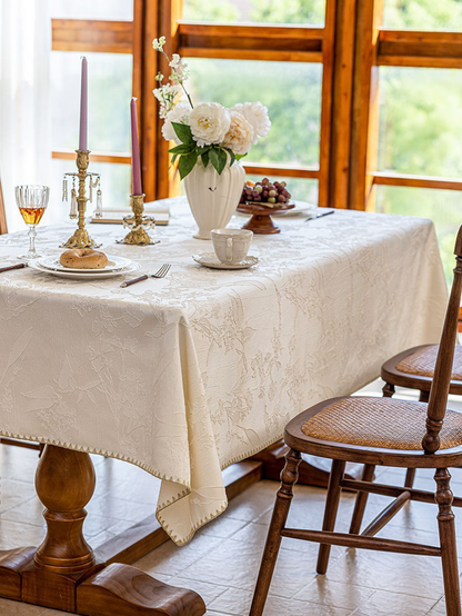 LaLuna Home Chinoiserie  Magnolia Bloom Jacquard Tablecloth with Shell Trim
