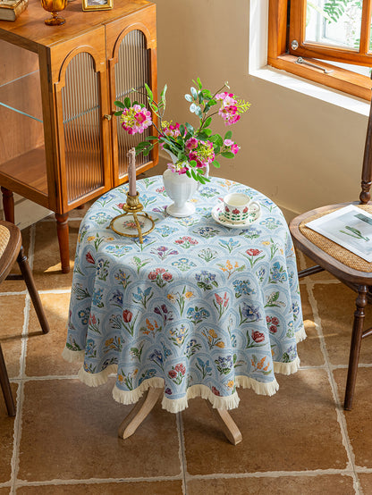LaLuna Home Round Thousand Blooms Jacquard Tablecloth with Tassels - Blue