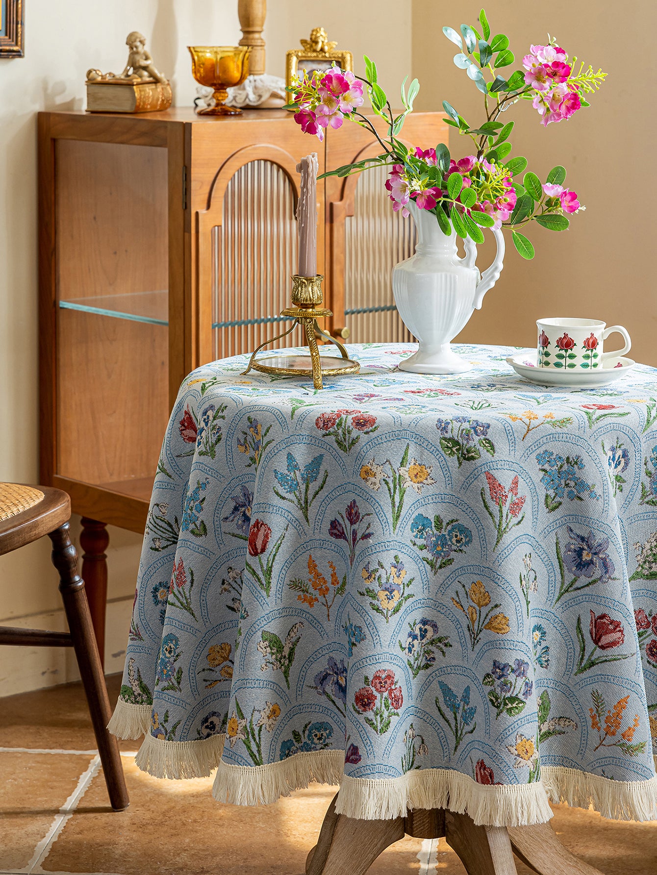 LaLuna Home Round Thousand Blooms Jacquard Tablecloth with Tassels - Blue