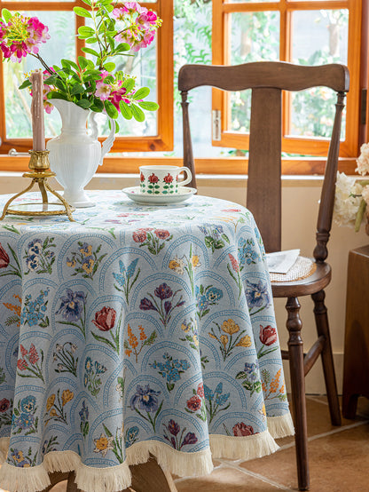 LaLuna Home Round Thousand Blooms Jacquard Tablecloth with Tassels - Blue